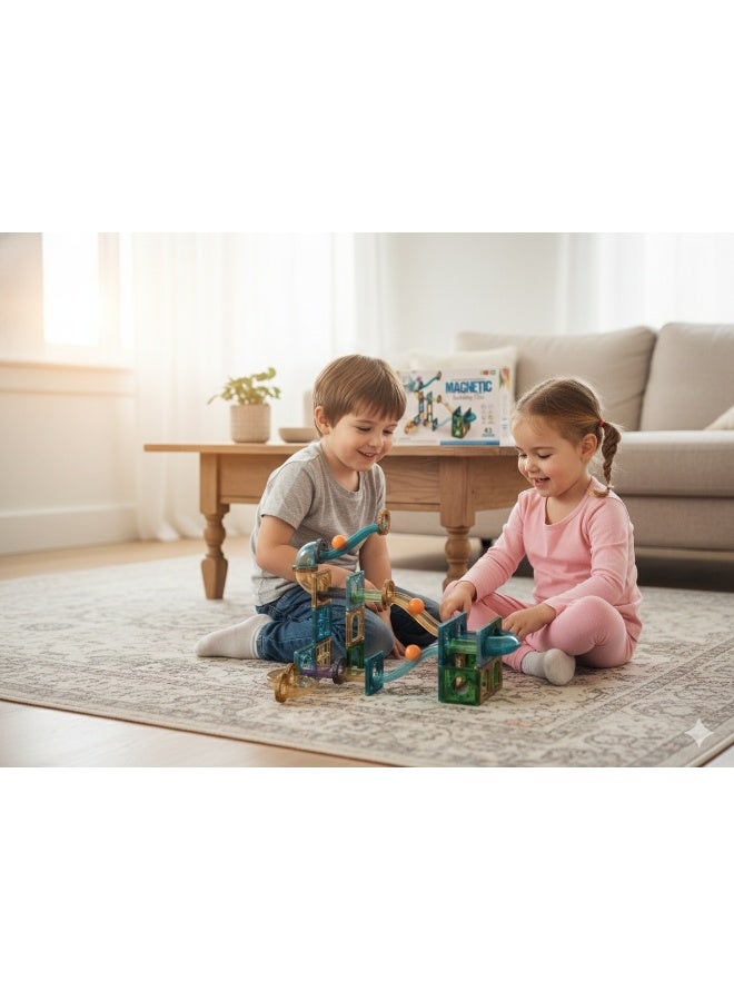 Magni Mates Magnetic Building Tiles Marble Track Set 45 Pieces – DIY Magnetic Blocks with Curved Slides, Tunnel Tubes and Ball Run System for Creative STEM Construction Play - Image 2